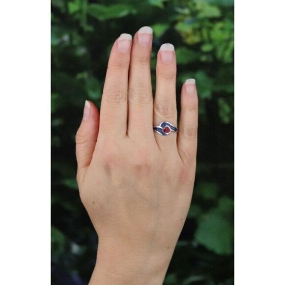 Sterling Silver Turquoise and Coral Heart Ring Size 7 1/2 - Picture 2 of 7